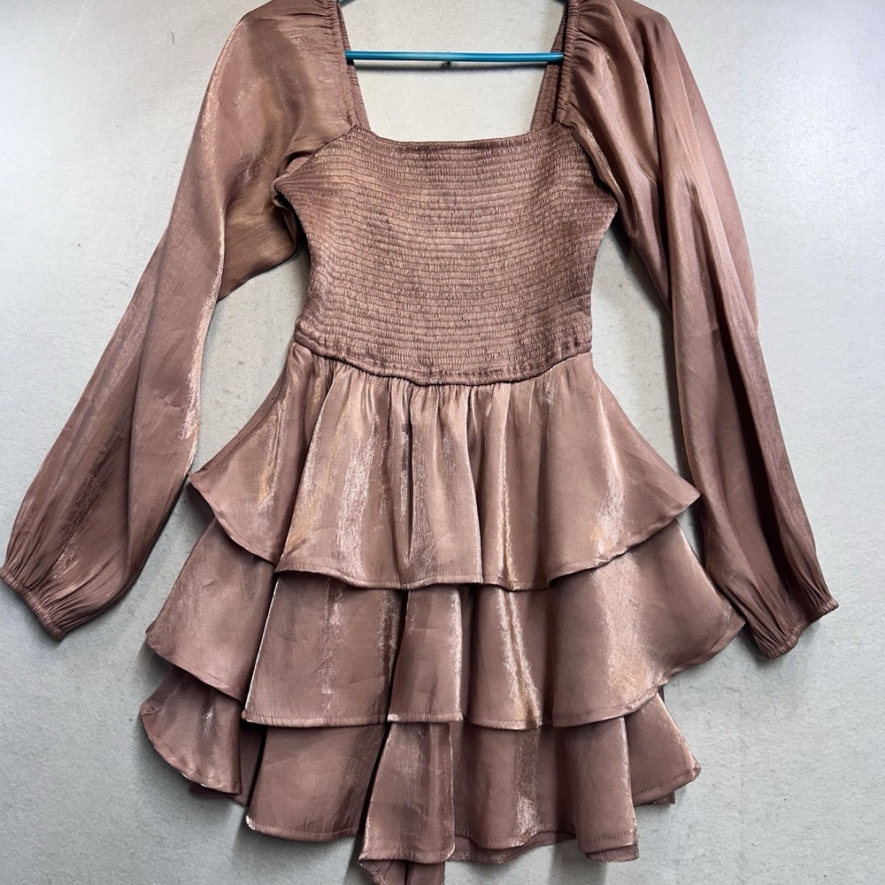 Entro Pink Satin Tiered Ruffled Romper Long Sleeves Size M
